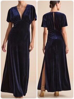 Lulus Mystical Charm Navy Velvet Flutter Sleeve Maxi Dress Gown 1X